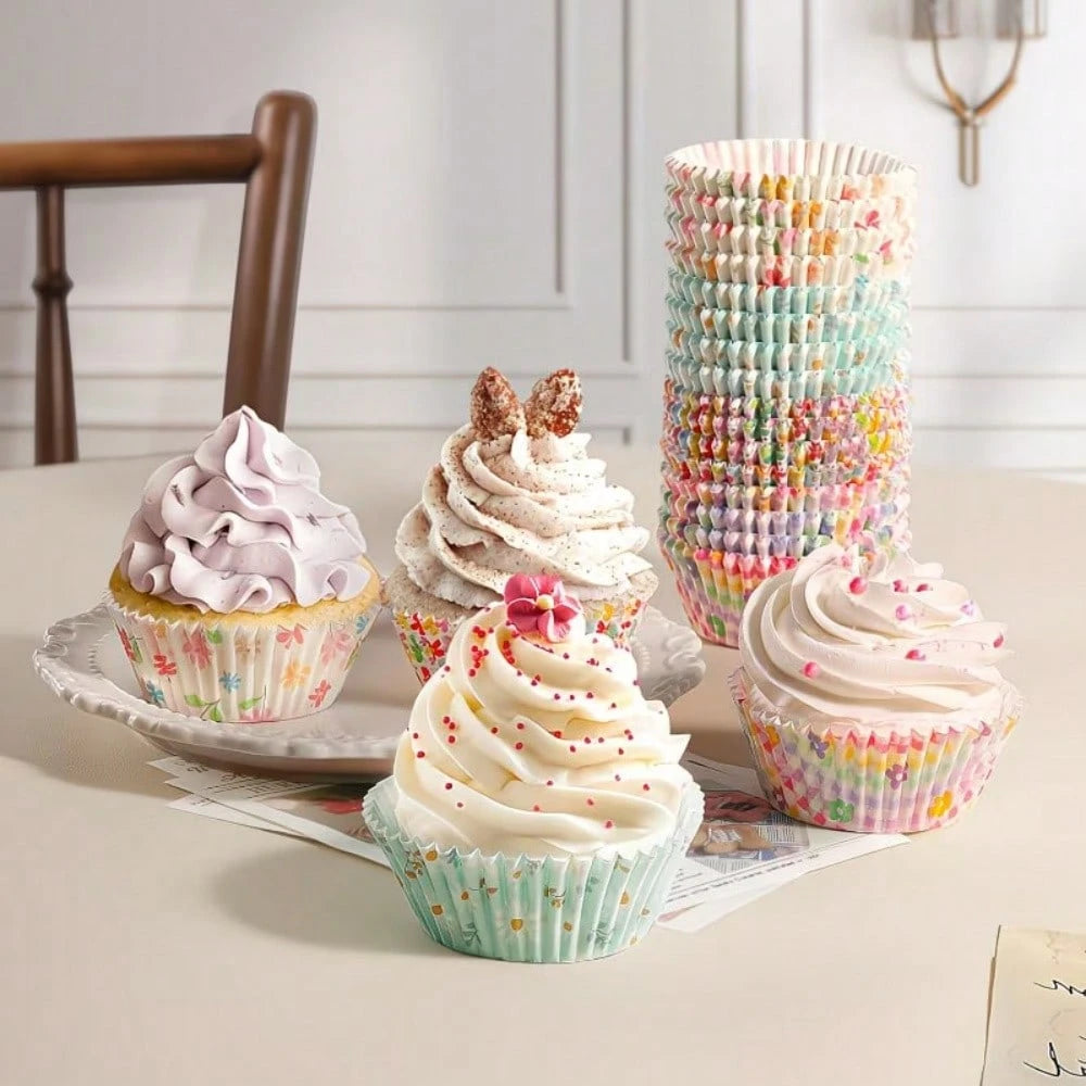 100pcs Standard Cupcake Liners, Colorful Paper Baking Cups Disposable Cupcake Packaging Paper, Floral Liners, Suitable For Birthday Tea Theme Party Decoration