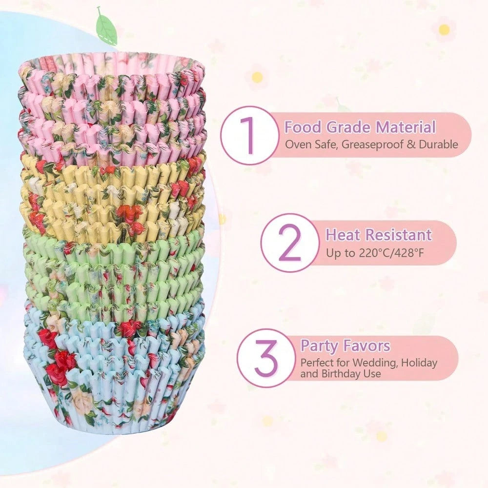 100pcs Standard Cupcake Liners, Colorful Paper Baking Cups Disposable Cupcake Packaging Paper, Floral Liners, Suitable For Birthday Tea Theme Party Decoration