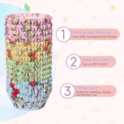100pcs Standard Cupcake Liners, Colorful Paper Baking Cups Disposable Cupcake Packaging Paper, Floral Liners, Suitable For Birthday Tea Theme Party Decoration