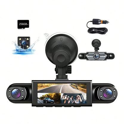 1080P 4-Channel Dash Cam, Front 1080P & Rear 720P Simultaneous HD Night Vision Recording, WDR, Automatic Loop Recording, Car Scratch Detection- Includes 256GB Memory Card