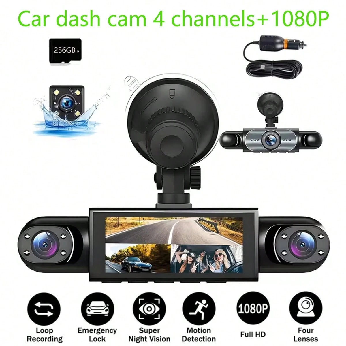 1080P 4-Channel Dash Cam, Front 1080P & Rear 720P Simultaneous HD Night Vision Recording, WDR, Automatic Loop Recording, Car Scratch Detection- Includes 256GB Memory Card
