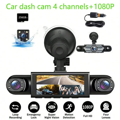 1080P 4-Channel Dash Cam, Front 1080P & Rear 720P Simultaneous HD Night Vision Recording, WDR, Automatic Loop Recording, Car Scratch Detection- Includes 256GB Memory Card