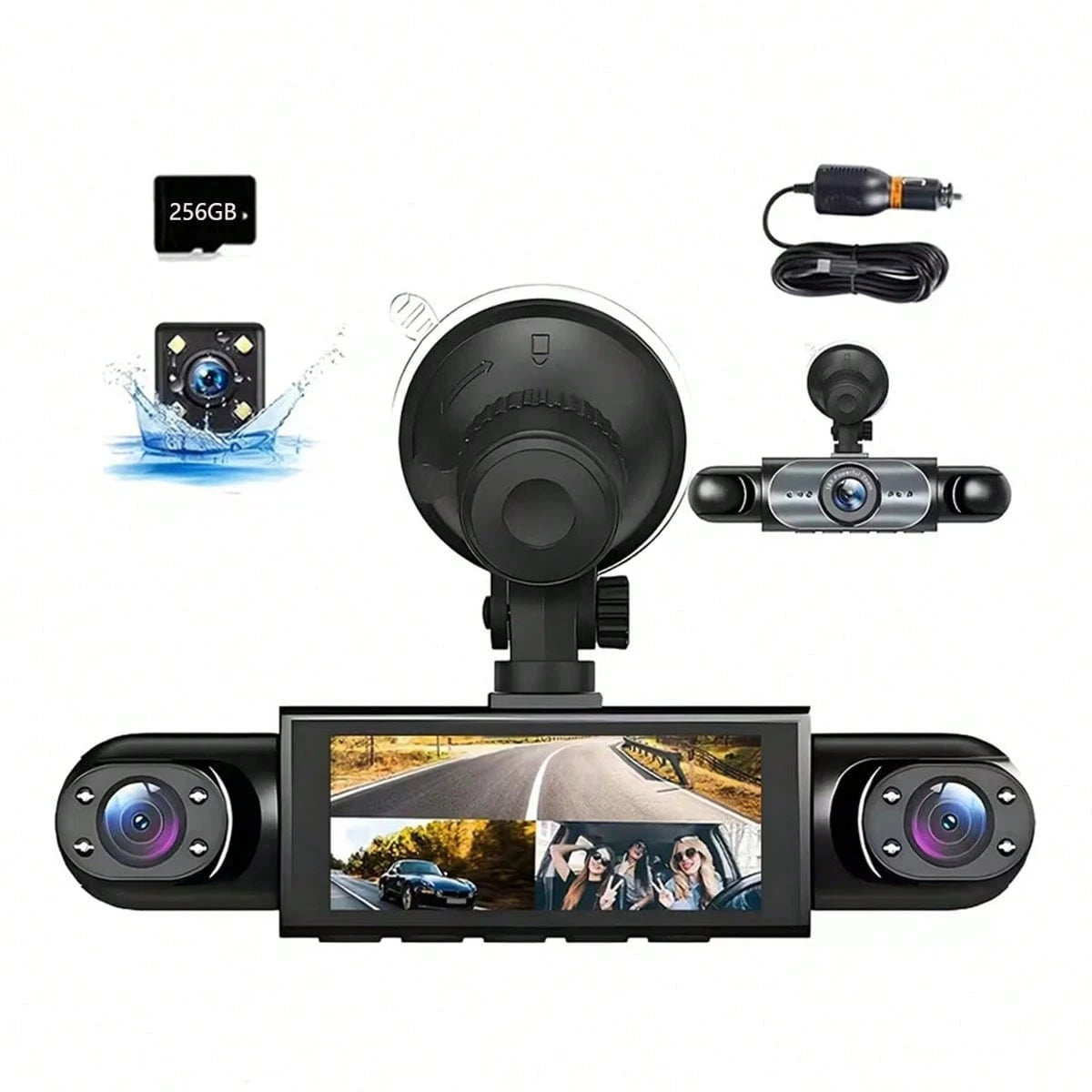 1080P 4-Channel Dash Cam, Front 1080P & Rear 720P Simultaneous HD Night Vision Recording, WDR, Automatic Loop Recording, Car Scratch Detection- Includes 256GB Memory Card