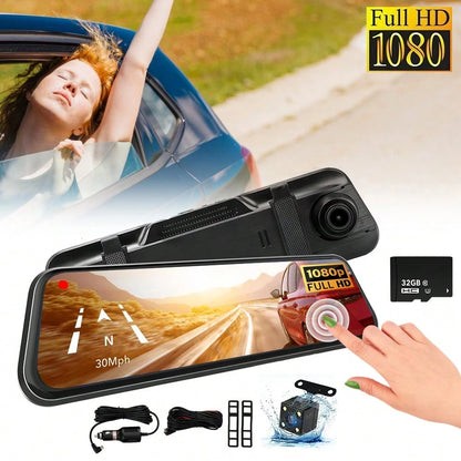 1080P Full HD Dash Cam, Triple Lens Rear View Mirror Car Recorder, Super Night Vision 24H Parking Monitor, Waterproof Rear Camera G-Sensor, Universal Car DVR With Memory Card Included