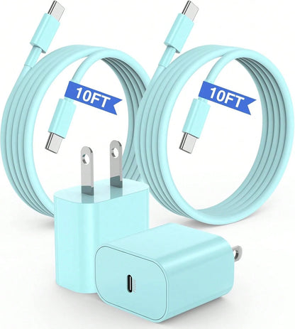 10FT/3M Compatible With Iphone 15 16 Charger, 20W USB C Fast Charging Block And 10ft Type C To C Cable Cord Long Compatible With Iphone 15 Plus/15 Pro Max/16 Pro, Compatible With Ipad Pro 12.9/11 Inch