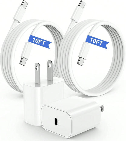 10FT/3M Compatible With Iphone 15 16 Charger, 20W USB C Fast Charging Block And 10ft Type C To C Cable Cord Long Compatible With Iphone 15 Plus/15 Pro Max/16 Pro, Compatible With Ipad Pro 12.9/11 Inch