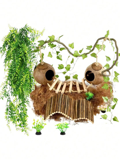 10PCS Crested Gecko Accessories Set- Natural Double Coconut With Ladder, Plants And Bridge Vines Reptile Terrarium, Leopard Gecko, Hermit Crab Or Snake Habitat Decor