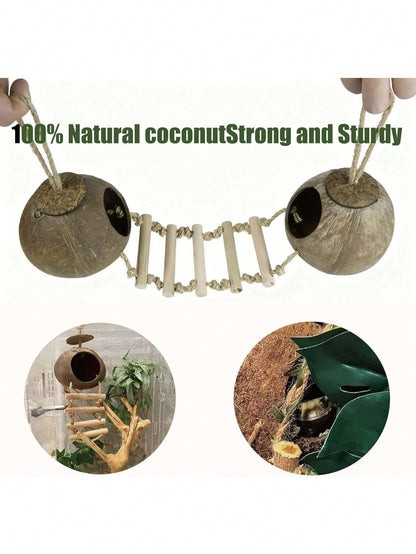 10PCS Crested Gecko Accessories Set- Natural Double Coconut With Ladder, Plants And Bridge Vines Reptile Terrarium, Leopard Gecko, Hermit Crab Or Snake Habitat Decor