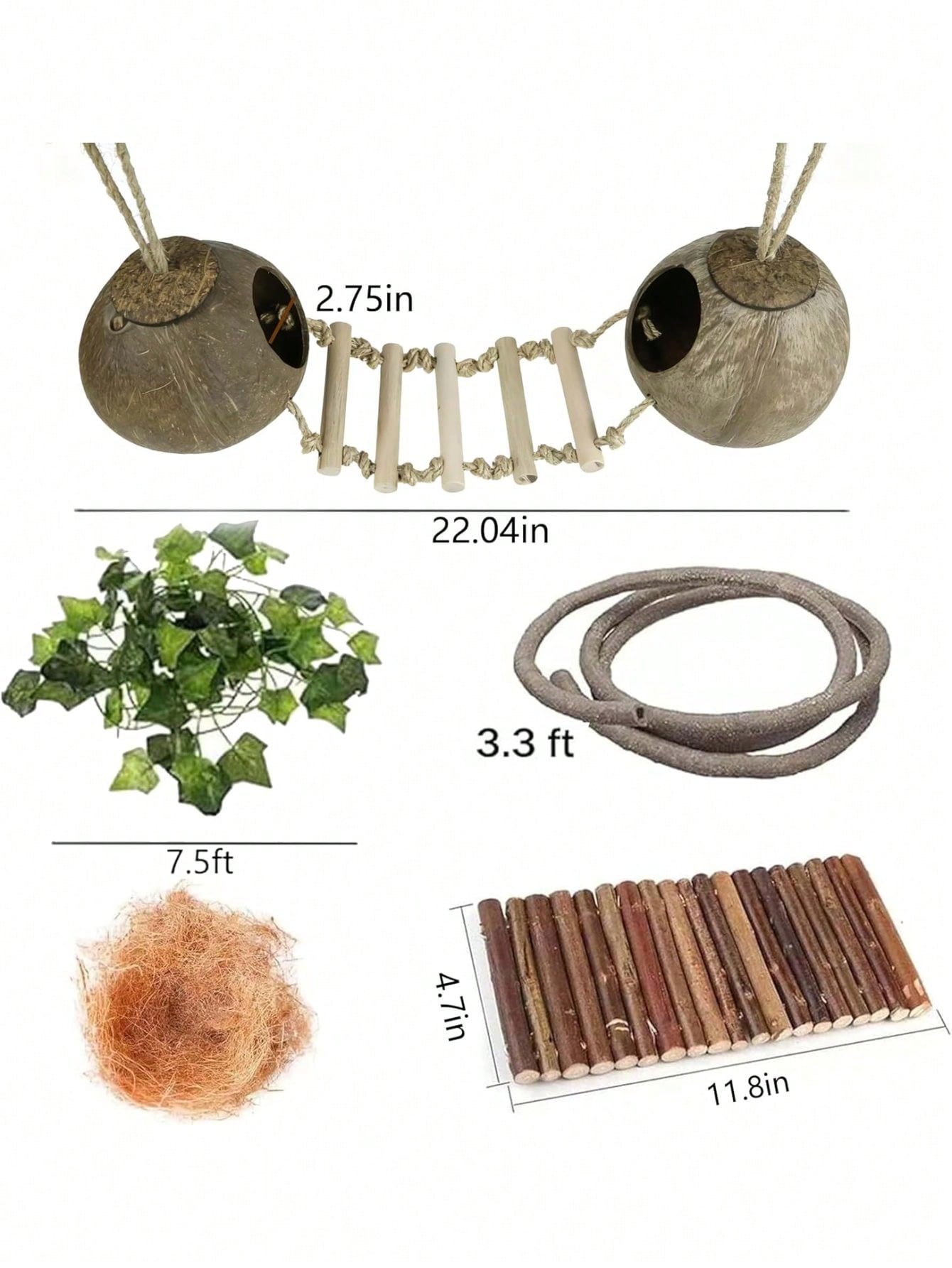 10PCS Crested Gecko Accessories Set- Natural Double Coconut With Ladder, Plants And Bridge Vines Reptile Terrarium, Leopard Gecko, Hermit Crab Or Snake Habitat Decor