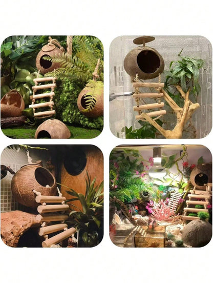 10PCS Crested Gecko Accessories Set- Natural Double Coconut With Ladder, Plants And Bridge Vines Reptile Terrarium, Leopard Gecko, Hermit Crab Or Snake Habitat Decor