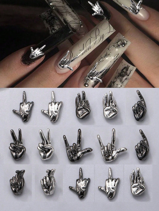 10pcs Gesture Nail Art Charms, Various Punk Style Nail Decorations, Alloy Material, Perfect For DIY Nail Art, Also Suitable For Nail Salons Or Personal Nail Supplies