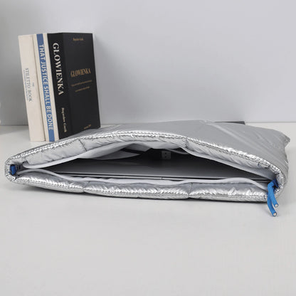 11-16 Inch Puffy Laptop Sleeve, Quilted Metallic Black/Silver Protective Case For 11",13-14", 15-16" Chromebook PC Notebook, Laptop Cover Bag
