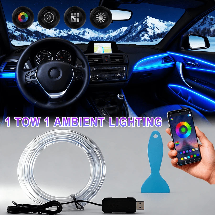 118"/3M Interior Car Neon Light (Center Console + Dashboard) With Matching Armrest Storage Box, RGB LED, USB Car Interior Light Strip| App Control, No Batteries