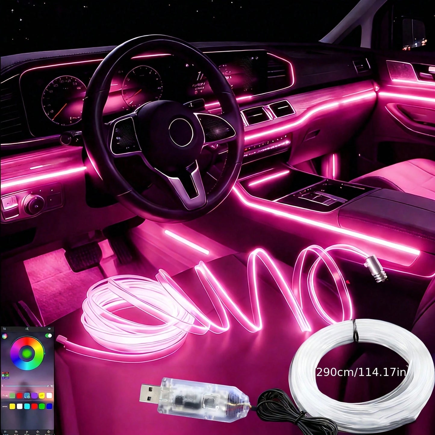 118-Inch 1-Fiber Automotive Neon Light Kit- Synchronized Music RGB LED Light Strip With App-Controlled Ambient Lighting- 8 Color Changes, Indoor Lighting Solution, Festive Decoration