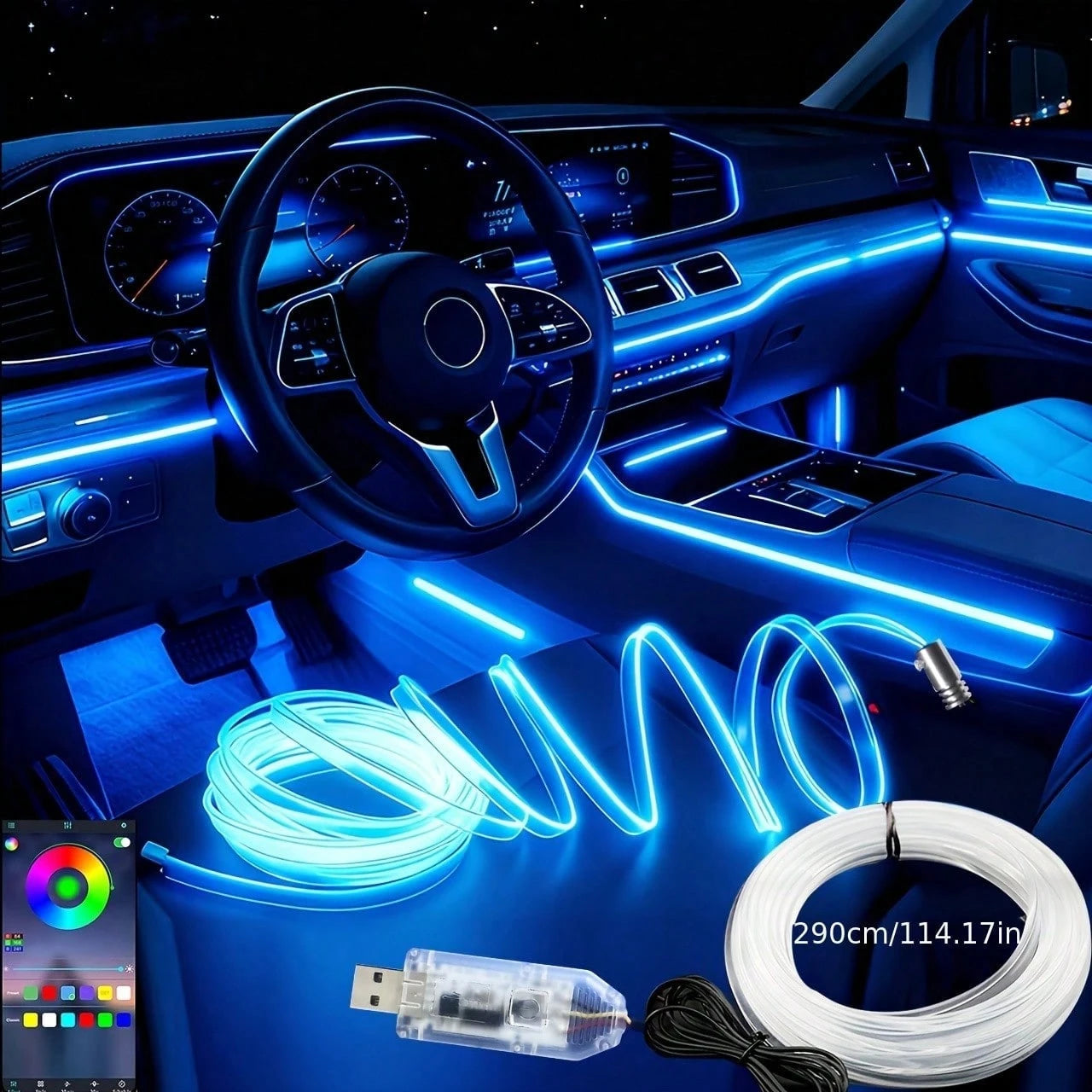 118-Inch 1-Fiber Automotive Neon Light Kit- Synchronized Music RGB LED Light Strip With App-Controlled Ambient Lighting- 8 Color Changes, Indoor Lighting Solution, Festive Decoration