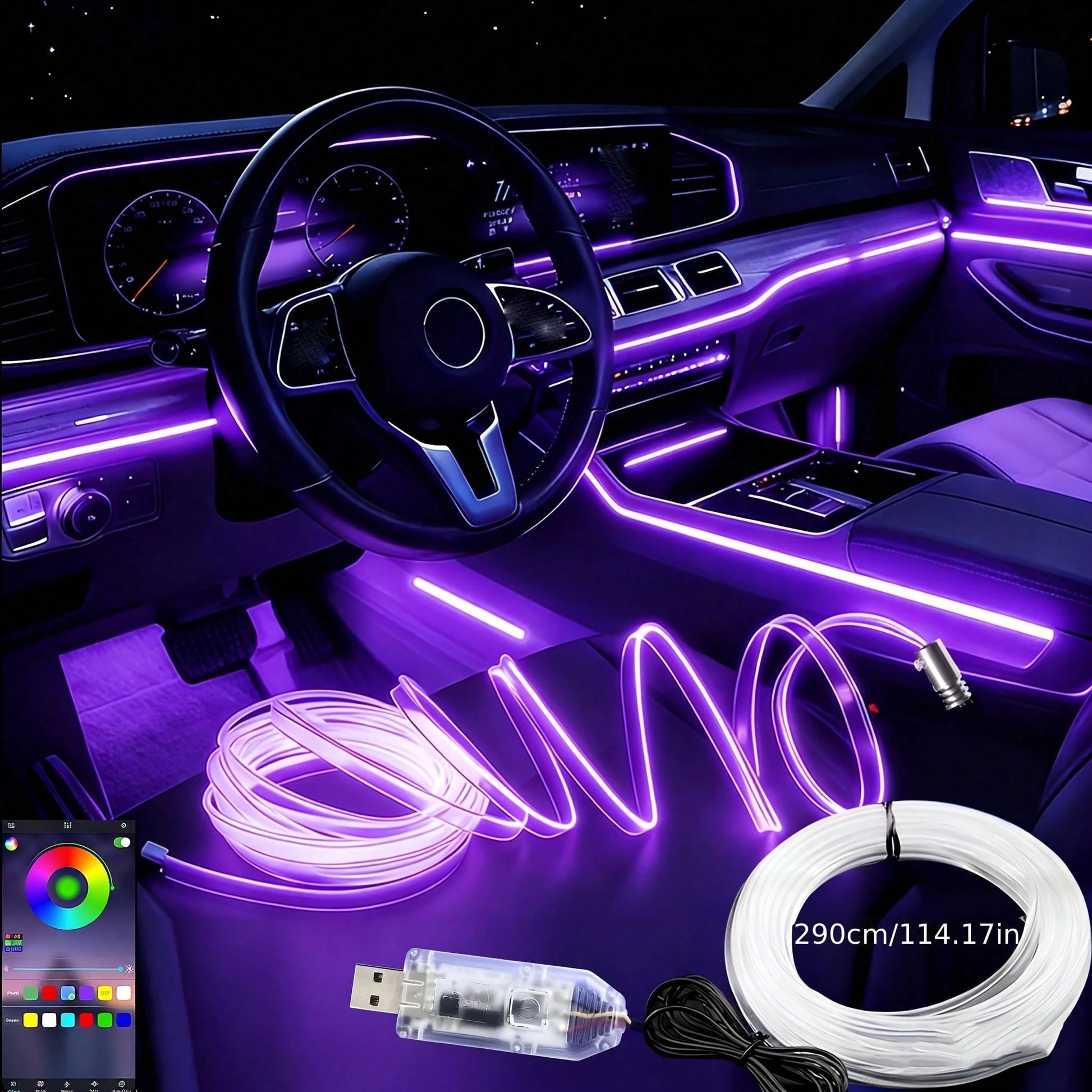 118-Inch 1-Fiber Automotive Neon Light Kit- Synchronized Music RGB LED Light Strip With App-Controlled Ambient Lighting- 8 Color Changes, Indoor Lighting Solution, Festive Decoration