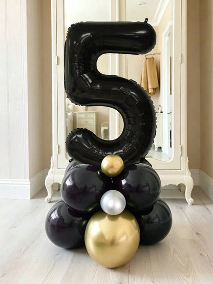 11pcs 40-Inch Black Number Balloon Set, Large 0-9 Number Balloons, 5-Inch & 10-Inch Black Metal Gold Silver Latex Balloons, Suitable For Birthday Party, Baby Shower, Anniversary Decoration