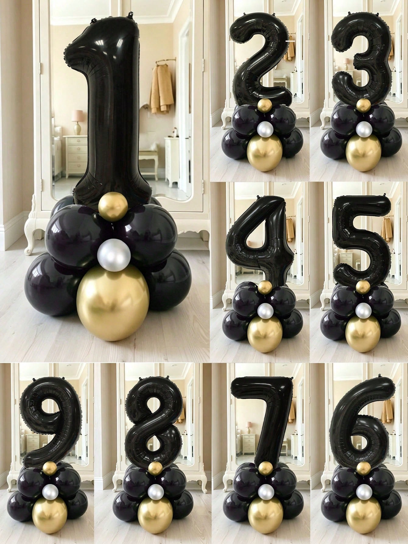 11pcs 40-Inch Black Number Balloon Set, Large 0-9 Number Balloons, 5-Inch & 10-Inch Black Metal Gold Silver Latex Balloons, Suitable For Birthday Party, Baby Shower, Anniversary Decoration