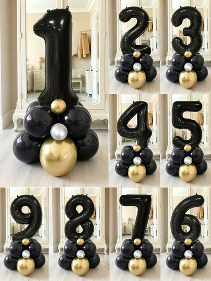 11pcs 40-Inch Black Number Balloon Set, Large 0-9 Number Balloons, 5-Inch & 10-Inch Black Metal Gold Silver Latex Balloons, Suitable For Birthday Party, Baby Shower, Anniversary Decoration