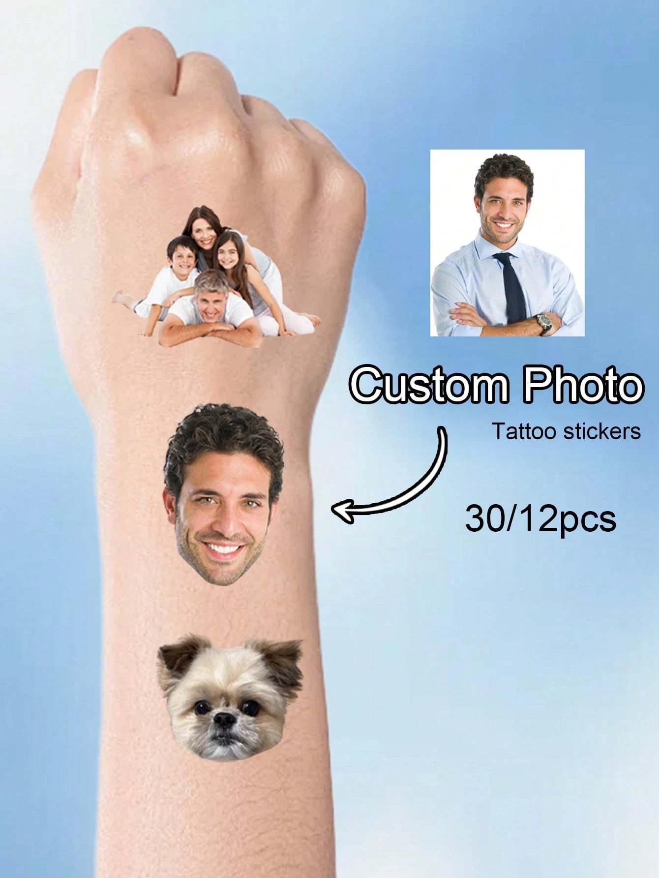 12-300Pcs Custom Photo Temporary Tattoo Stickers, Pet Photo, Family Photos, Weddings Celebration, Birthday Gifts, Water Resistant, Men, Women