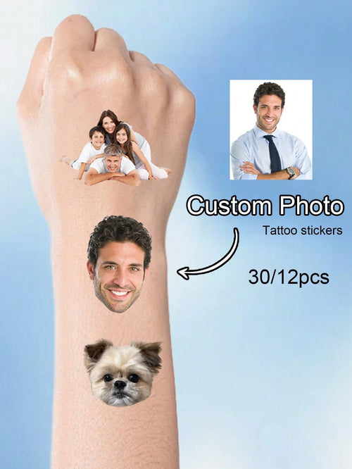 12-300Pcs Custom Photo Temporary Tattoo Stickers, Pet Photo, Family Photos, Weddings Celebration, Birthday Gifts, Water Resistant, Men, Women