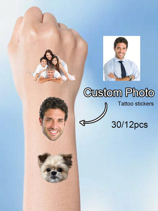 12-300Pcs Custom Photo Temporary Tattoo Stickers, Pet Photo, Family Photos, Weddings Celebration, Birthday Gifts, Water Resistant, Men, Women
