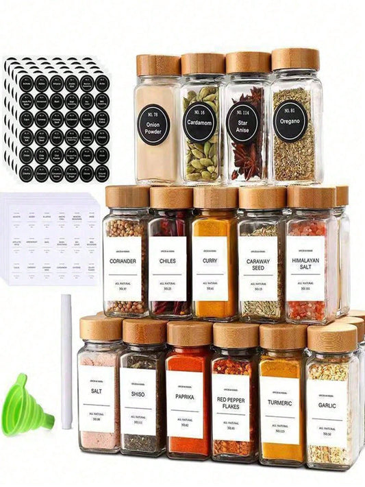 12pcs 40oz Square Seasoning Canisters, Pepper Powder Bottles 120ml Bamboo/Wood/Glass Condiment Jars Set