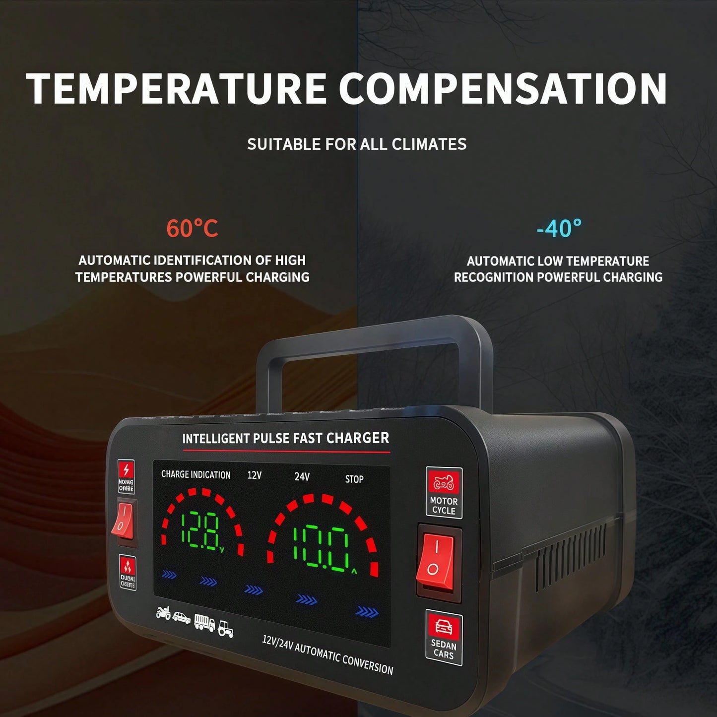 12V And 24V Smart Universal Battery Charger With LCD Display, Intelligent Maintenance, Temperature Compensation, Overcharge And Short Circuit Protection, Suitable For Intelligent Trickle Charging Main