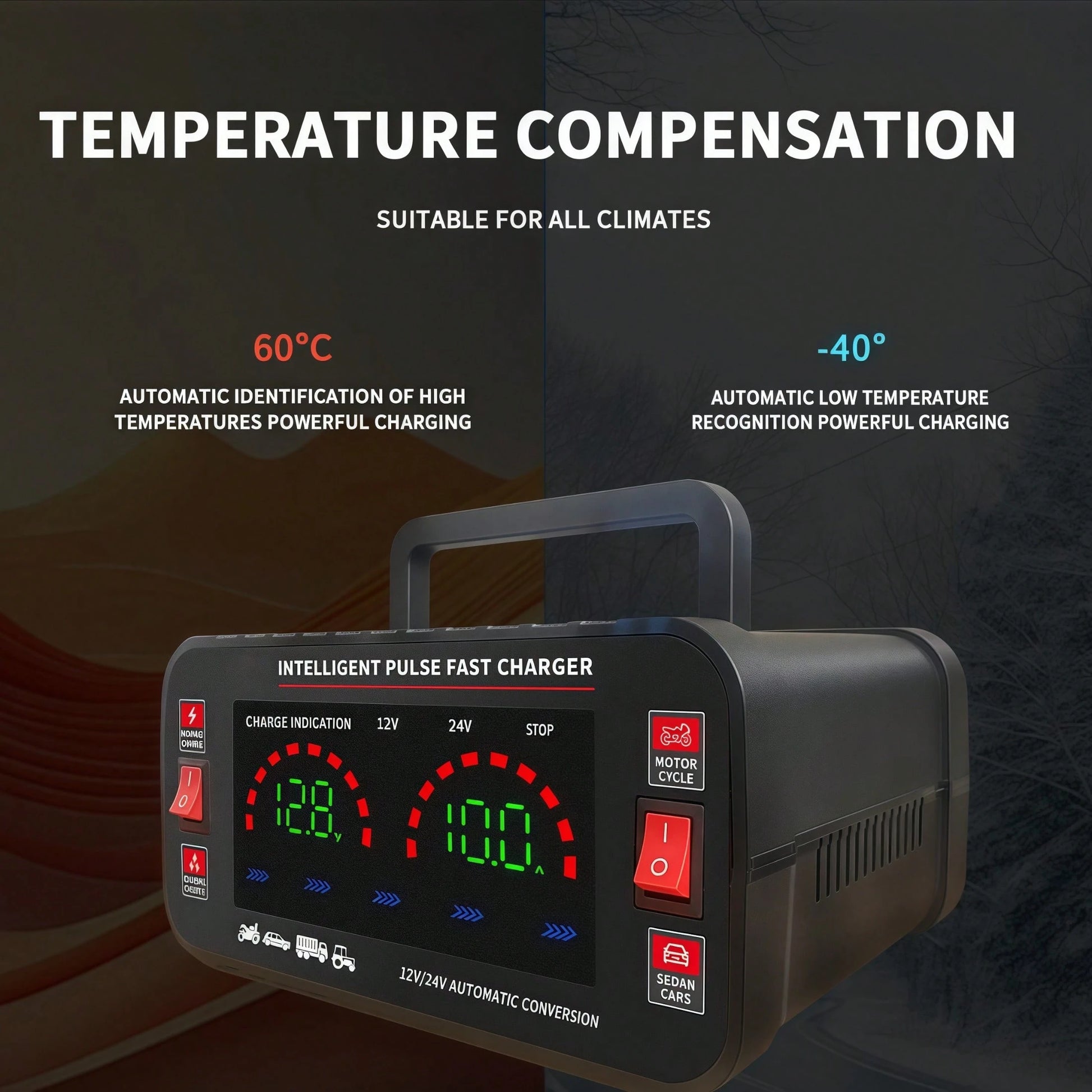 12V And 24V Smart Universal Battery Charger With LCD Display, Intelligent Maintenance, Temperature Compensation, Overcharge And Short Circuit Protection, Suitable For Intelligent Trickle Charging Main