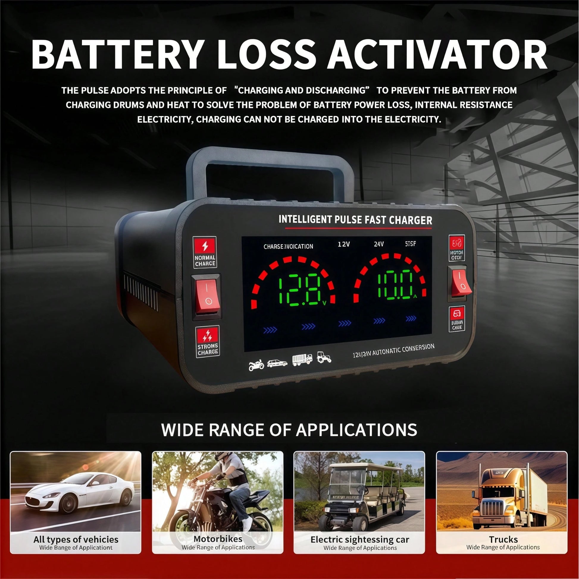 12V And 24V Smart Universal Battery Charger With LCD Display, Intelligent Maintenance, Temperature Compensation, Overcharge And Short Circuit Protection, Suitable For Intelligent Trickle Charging Main