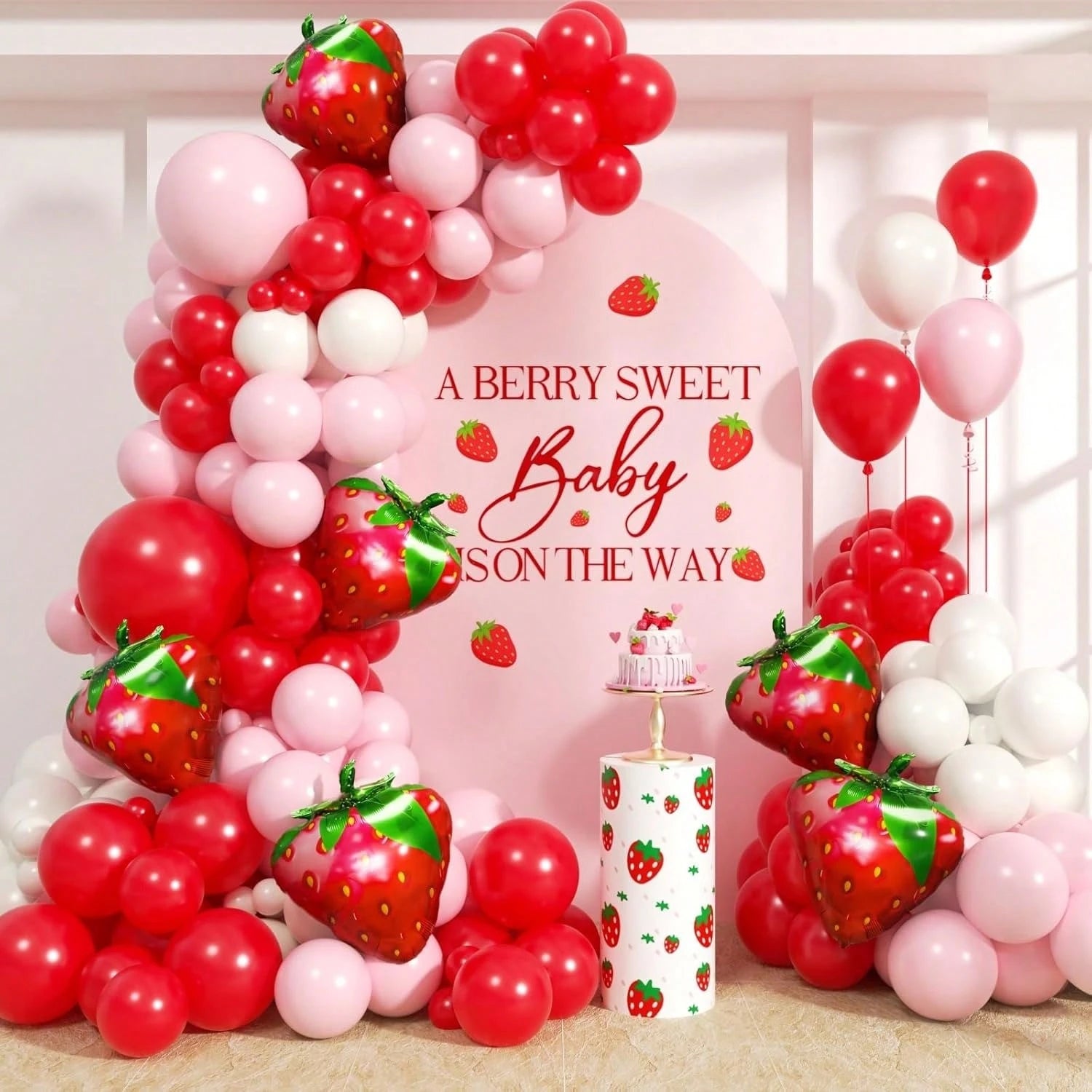 135pcs Strawberry Balloons Garland Arch Kit- Different Size Red And Pink Balloons For Birthday Babyshower Sweet Strawberry Party Decorations