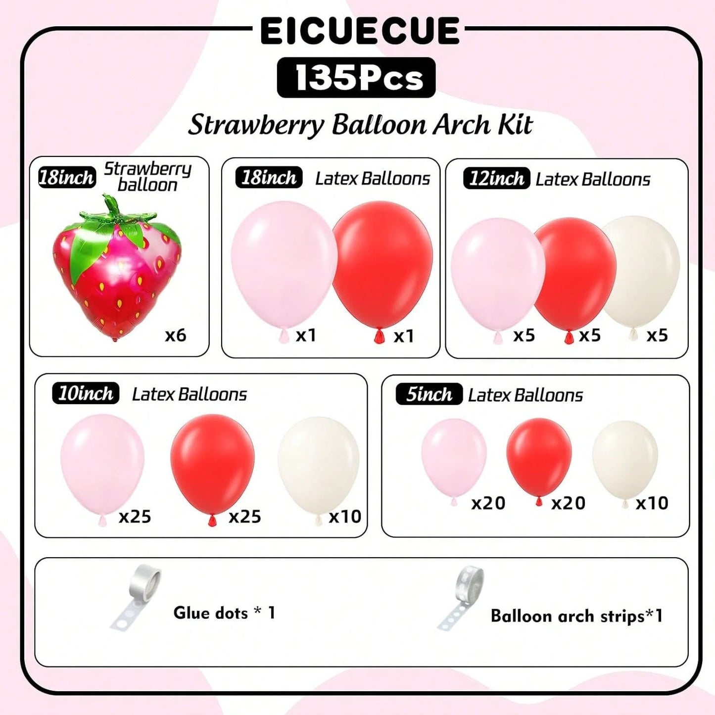 135pcs Strawberry Balloons Garland Arch Kit- Different Size Red And Pink Balloons For Birthday Babyshower Sweet Strawberry Party Decorations