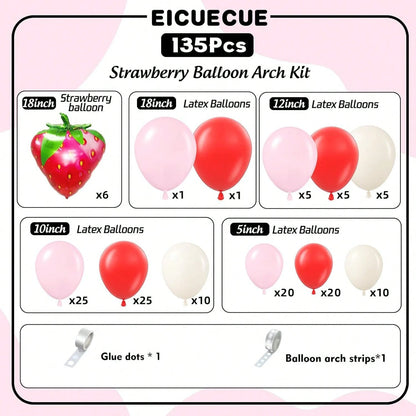135pcs Strawberry Balloons Garland Arch Kit- Different Size Red And Pink Balloons For Birthday Babyshower Sweet Strawberry Party Decorations