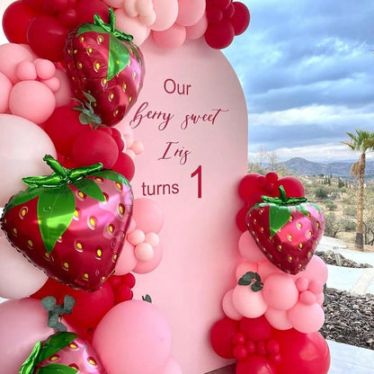 135pcs Strawberry Balloons Garland Arch Kit- Different Size Red And Pink Balloons For Birthday Babyshower Sweet Strawberry Party Decorations