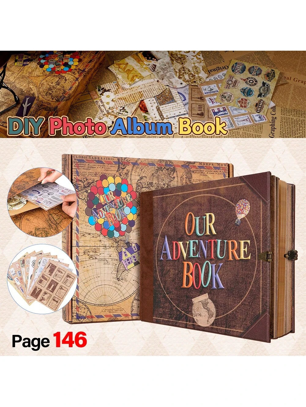 146 Pages Vintage Scrapbook Our Adventure Book Travel Journal, Retro Junk Journal Keepsake Album, DIY Memory Book For Wedding Guestbook Birthday Baby Shower Valentine Christmas Graduation Gift