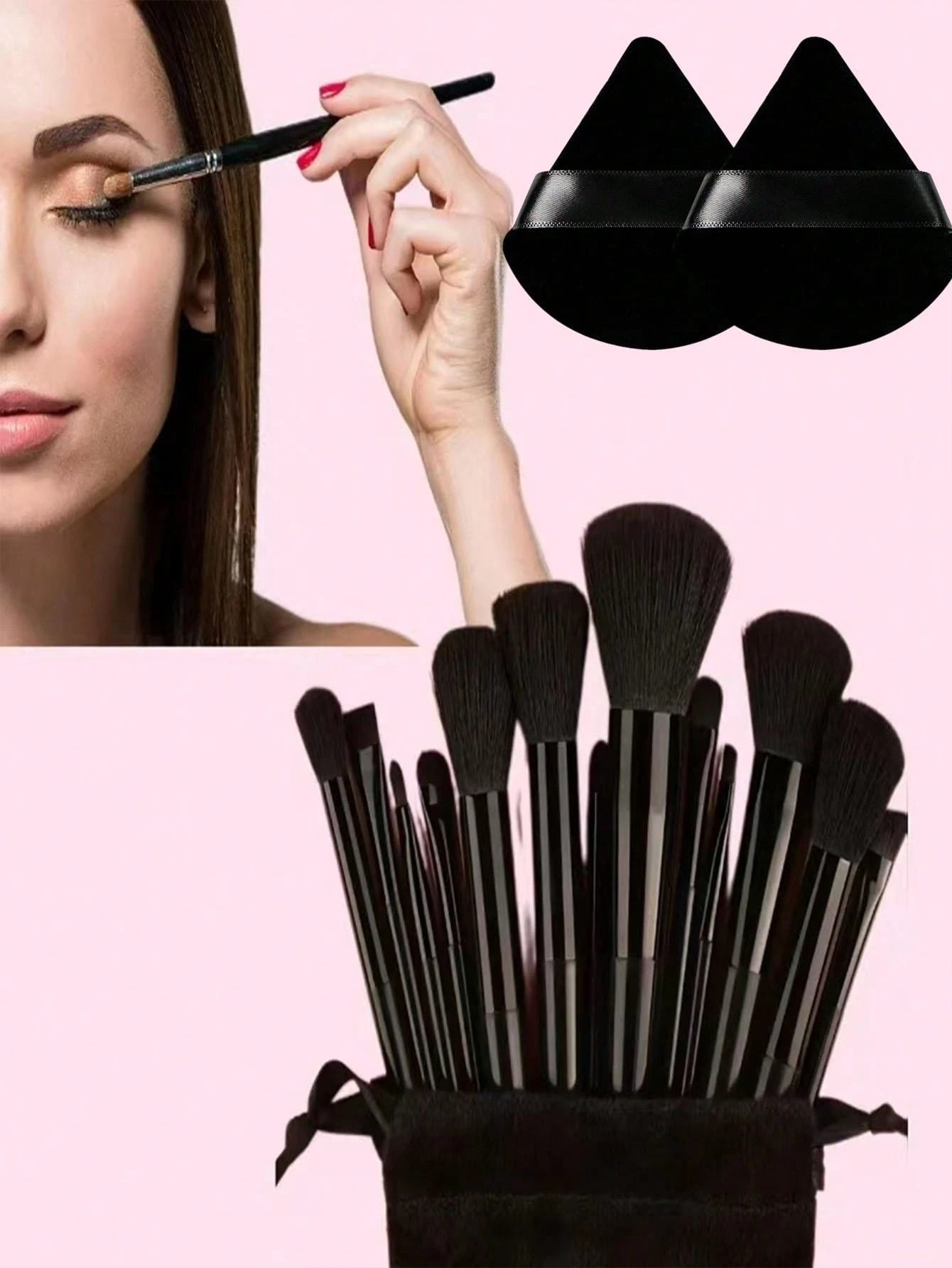 15pcs Makeup Brush Set, Including 2pcs Black Triangle Makeup Sponges, Soft And Skin-Friendly, Plus 13pcs Makeup Brushes For Blush, Liquid Lipstick, Eyebrow Pencil, Lip Gloss, Concealer, Eyeshadow, Hig