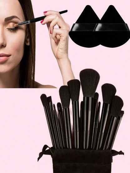 15pcs Makeup Brush Set, Including 2pcs Black Triangle Makeup Sponges, Soft And Skin-Friendly, Plus 13pcs Makeup Brushes For Blush, Liquid Lipstick, Eyebrow Pencil, Lip Gloss, Concealer, Eyeshadow, Hig