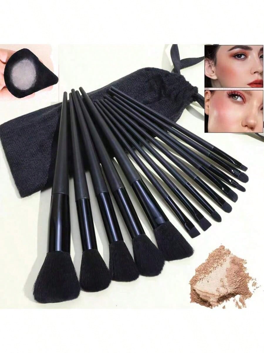 15pcs Makeup Brush Set, Including 2pcs Black Triangle Makeup Sponges, Soft And Skin-Friendly, Plus 13pcs Makeup Brushes For Blush, Liquid Lipstick, Eyebrow Pencil, Lip Gloss, Concealer, Eyeshadow, Hig