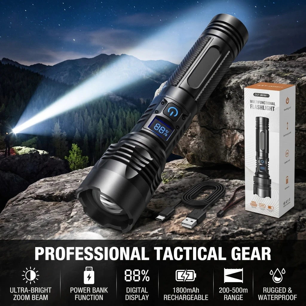 15W Flashlight Rechargeable, 1800mAh High-Powered Tactical LED Torch With Digital Display, Zoomable Focus, Power Bank Function, 200-500m Beam Distance For Camping Hiking Emergency