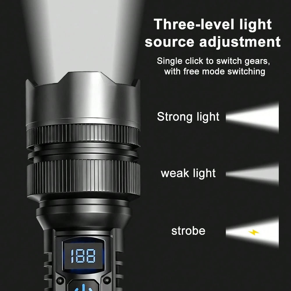 15W Flashlight Rechargeable, 1800mAh High-Powered Tactical LED Torch With Digital Display, Zoomable Focus, Power Bank Function, 200-500m Beam Distance For Camping Hiking Emergency