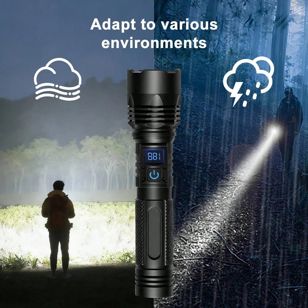 15W Flashlight Rechargeable, 1800mAh High-Powered Tactical LED Torch With Digital Display, Zoomable Focus, Power Bank Function, 200-500m Beam Distance For Camping Hiking Emergency