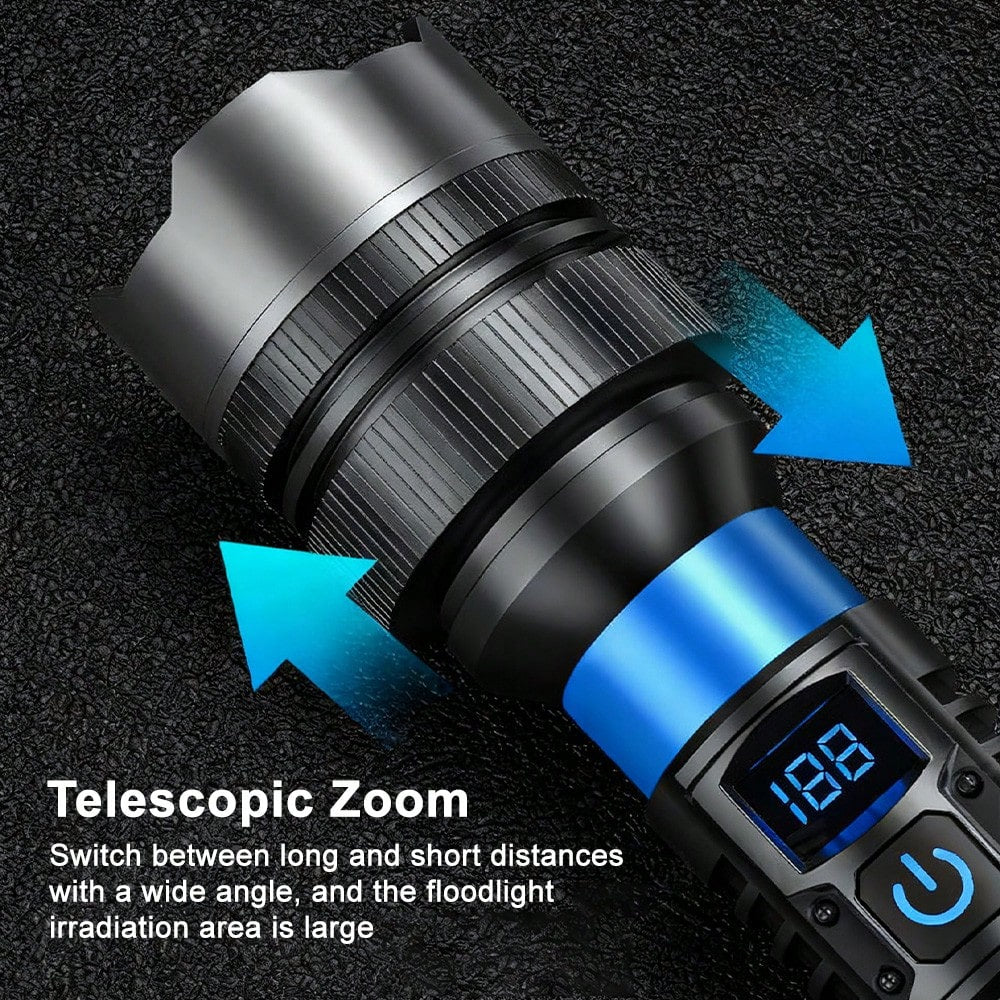 15W Flashlight Rechargeable, 1800mAh High-Powered Tactical LED Torch With Digital Display, Zoomable Focus, Power Bank Function, 200-500m Beam Distance For Camping Hiking Emergency