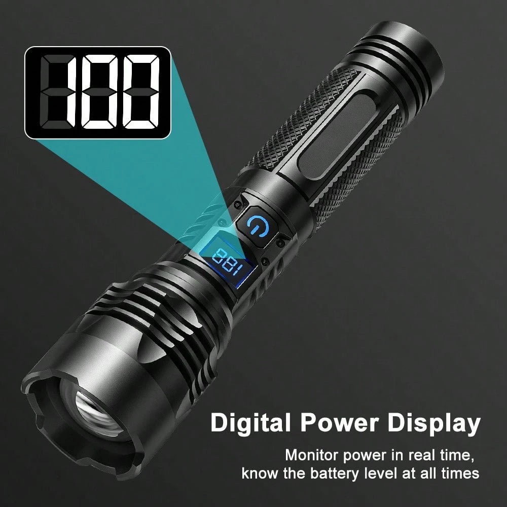 15W Flashlight Rechargeable, 1800mAh High-Powered Tactical LED Torch With Digital Display, Zoomable Focus, Power Bank Function, 200-500m Beam Distance For Camping Hiking Emergency
