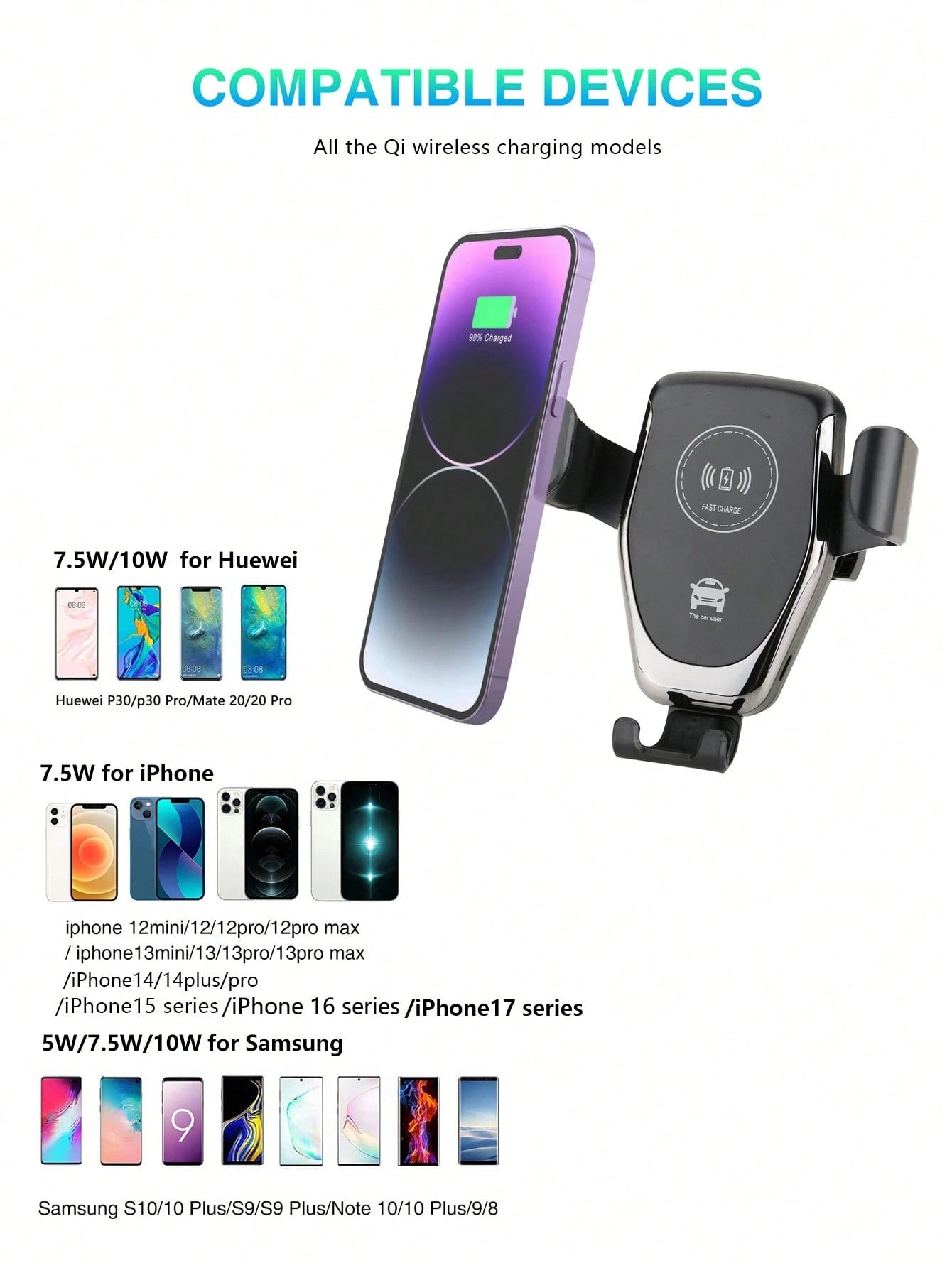 15W Gravity Sensing Wireless Car Charger, Compatible With Apple, Android QI Standard Smartphones, Wireless Charger Compatible With IPhone 8/X/11/12/13/14/15/16/17 Series