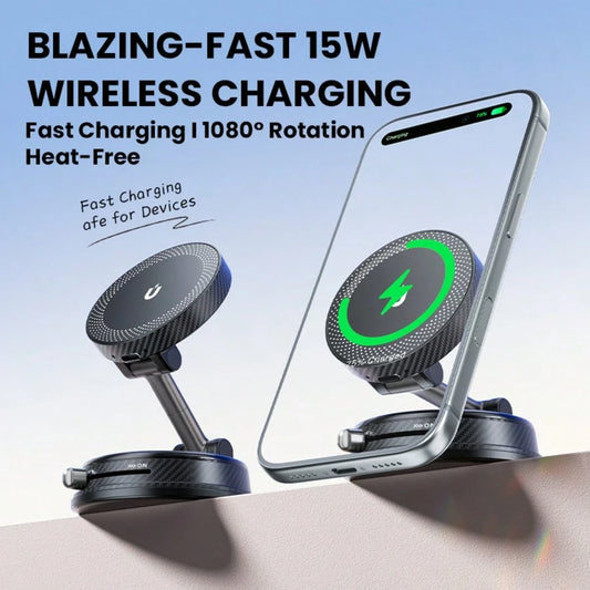 15W Magnetic Wireless Car Charger Mount, N52 Strong Magnet Fast Charging, 1080° Rotatable Foldable Holder For Dashboard & Windshield, Works With Phone 12-17 & Android, Stable Vacuum Suction For Trips