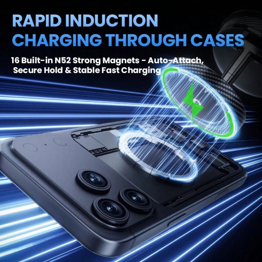 15W Magnetic Wireless Car Charger Mount, N52 Strong Magnet Fast Charging, 1080° Rotatable Foldable Holder For Dashboard & Windshield, Works With Phone 12-17 & Android, Stable Vacuum Suction For Trips