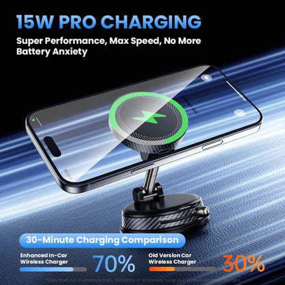 15W Magnetic Wireless Car Charger Mount, N52 Strong Magnet Fast Charging, 1080° Rotatable Foldable Holder For Dashboard & Windshield, Works With Phone 12-17 & Android, Stable Vacuum Suction For Trips