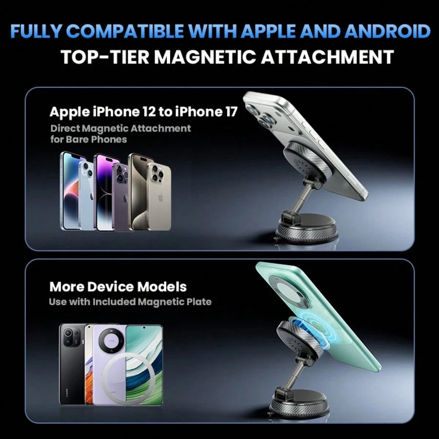 15W Magnetic Wireless Car Charger Mount, N52 Strong Magnet Fast Charging, 1080° Rotatable Foldable Holder For Dashboard & Windshield, Works With Phone 12-17 & Android, Stable Vacuum Suction For Trips