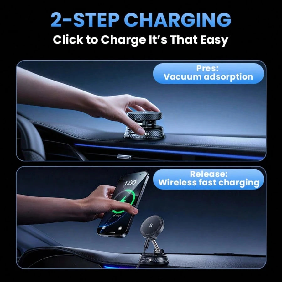 15W Magnetic Wireless Car Charger Mount, N52 Strong Magnet Fast Charging, 1080° Rotatable Foldable Holder For Dashboard & Windshield, Works With Phone 12-17 & Android, Stable Vacuum Suction For Trips