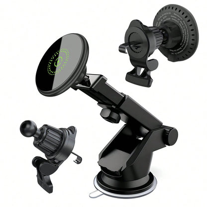 15W Magnetic Wireless Car Charger, 2 In 1 Fast Charging Magnetic Car Charger Mount Phone Holder Compatible With IPhone 17 16 15 14 13 12 Pro/Plus/Pro Max